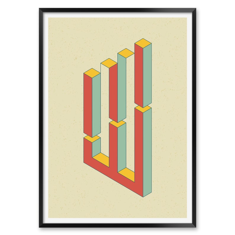 May include: Abstract geometric art print featuring a series of stacked, overlapping rectangles in shades of red, yellow, and green. The rectangles are arranged in a staggered pattern, creating a sense of depth and movement.