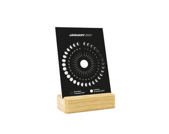 2027 Desk Calendar with Moon Phases, Iroko Wood Stand