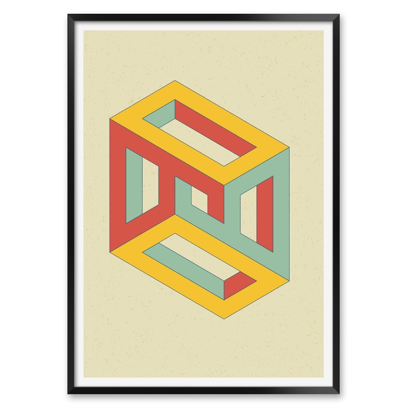 May include: A geometric abstract art print featuring a yellow, red, and blue cube with a three-dimensional illusion.