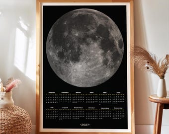 Jaarkalender 2027 voor aan de muur, minimalistische kalender van één pagina met illustratie van de nabije kant van de maan.