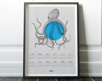 Calendario Vintage Octopus 2020, Calendario Vintage 2020 con Disegno Polpo, Arte Murale Animali Marini, Poster Nautico 2020, Octopus Wall Art