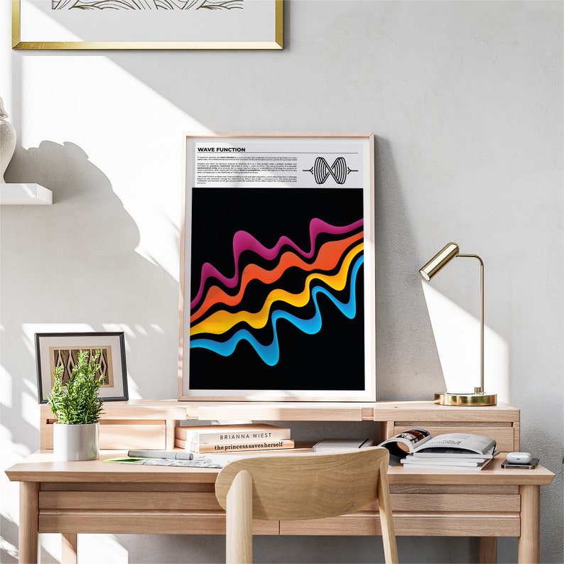 May include: A framed print with the title "Wave Function" and a graphic of colorful, wavy lines on a black background. The print is hanging on a white wall above a wooden desk with books and a lamp.