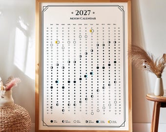 2027 Moon Calendar, Minimalist Yearly Wall Calendar with Celestial Events