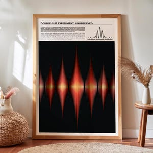 Puede incluir: Una impresión enmarcada con el título "Double-Slit Experiment: Unobserved" y un gráfico de un patrón de onda en rojo y naranja sobre un fondo negro.