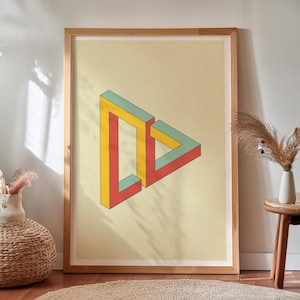 Fragmented Penrose Triangle Print, Optical Illusion Poster with Impossible Geometry, Sacred Geometry Wall Art in Retro Colors