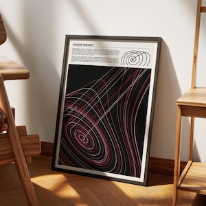Puede incluir: Un p&oacute;ster enmarcado en blanco y negro con el t&iacute;tulo "Chaos Theory" y un dise&ntilde;o abstracto rojo y blanco. El dise&ntilde;o presenta una serie de c&iacute;rculos y l&iacute;neas superpuestos.