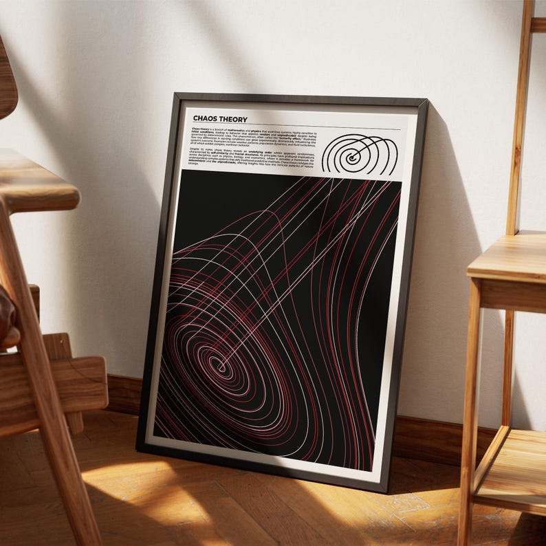 Puede incluir: Un p&oacute;ster enmarcado en blanco y negro con el t&iacute;tulo "Chaos Theory" y un dise&ntilde;o abstracto rojo y blanco. El dise&ntilde;o presenta una serie de c&iacute;rculos y l&iacute;neas superpuestos.