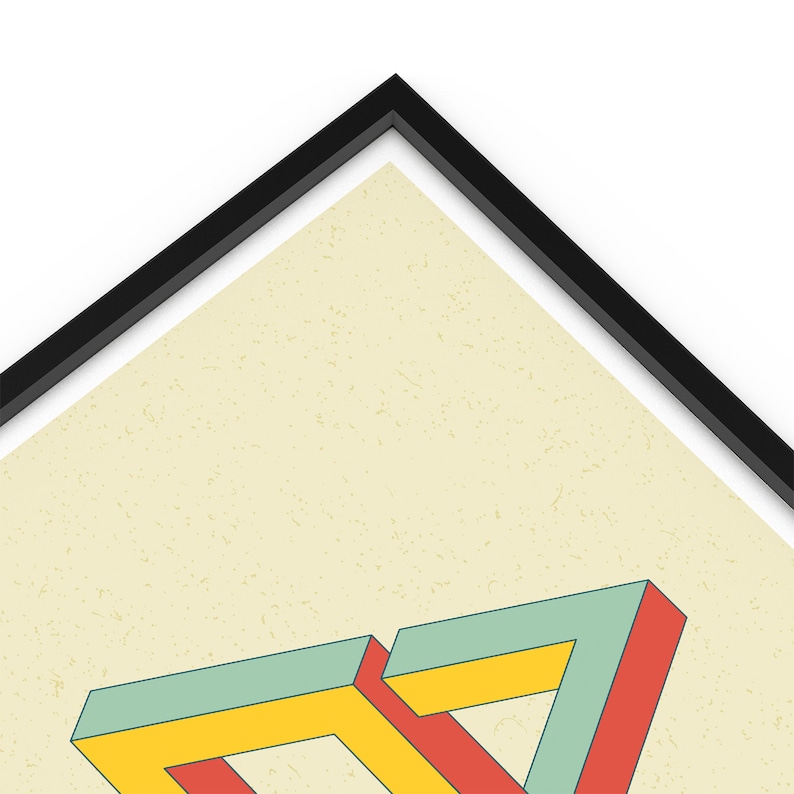 May include: A framed print of an optical illusion with a yellow, red, and green geometric design on a beige background.