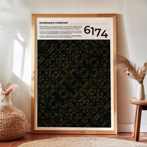 Pode incluir: Um cartaz vertical emoldurado intitulado Kaprekar's Constant com o número 6174 em fonte preta grande. Abaixo do texto, um grande campo retangular apresenta uma grade densa de pequenos pontos amarelos sobre um fundo preto, criando um padrão.