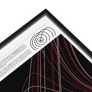 Puede incluir: Impresi&oacute;n de arte abstracto con fondo negro y l&iacute;neas rojas y blancas. La impresi&oacute;n presenta un dise&ntilde;o circular con c&iacute;rculos conc&eacute;ntricos en la esquina superior izquierda. El texto "Chaos theory reveals an underlying order within apparent randomness, fractal structures, and its principles have profound implications for physics, biology, and economics, where it provides a framework for systems that defy traditional predictive methods. Chaos theory bridges the unpredictable, offering insights into how the intricate patterns of nature" es visible en la esquina inferior izquierda.