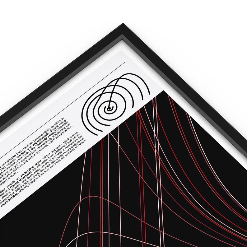 Puede incluir: Impresi&oacute;n de arte abstracto con fondo negro y l&iacute;neas rojas y blancas. La impresi&oacute;n presenta un dise&ntilde;o circular con c&iacute;rculos conc&eacute;ntricos en la esquina superior izquierda. El texto "Chaos theory reveals an underlying order within apparent randomness, fractal structures, and its principles have profound implications for physics, biology, and economics, where it provides a framework for systems that defy traditional predictive methods. Chaos theory bridges the unpredictable, offering insights into how the intricate patterns of nature" es visible en la esquina inferior izquierda.