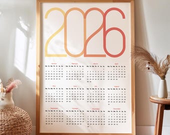 2026 Yearly Wall Calendar: One Page Calendar Print with Gradient Typography Design