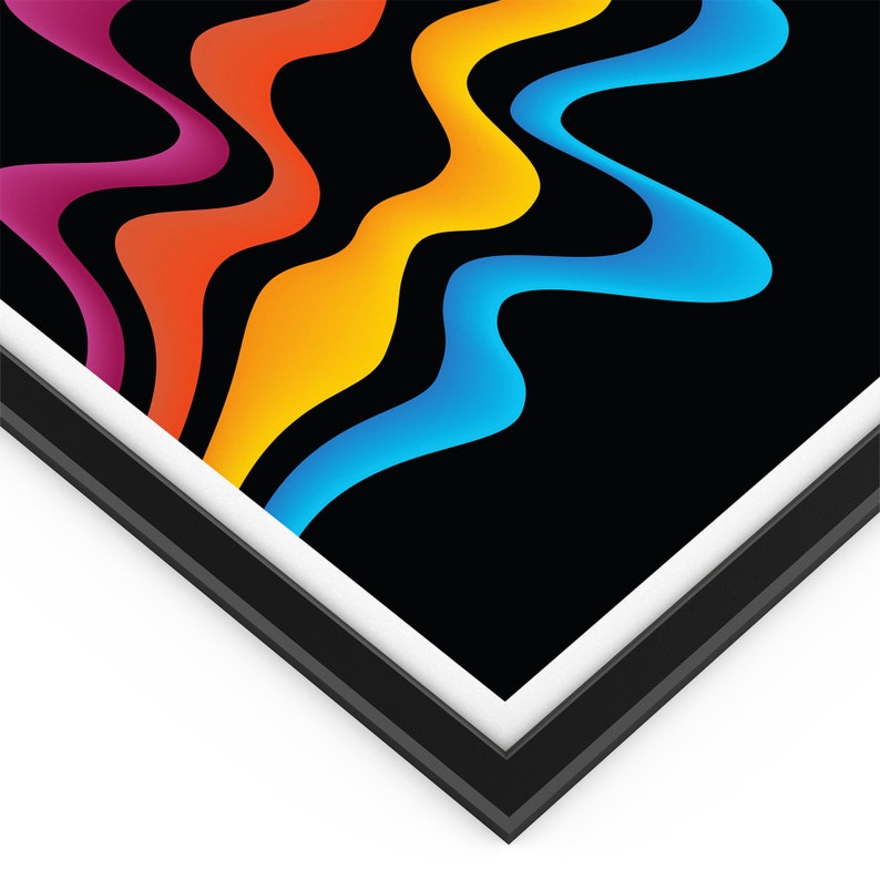 May include: Abstract art print with wavy lines in shades of purple, orange, yellow, and blue on a black background. The print is framed in a black frame with a white mat.