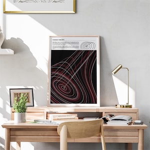 Puede incluir: Un p&oacute;ster en blanco y negro con el texto "Chaos Theory" y un dise&ntilde;o abstracto rojo y blanco. El p&oacute;ster est&aacute; enmarcado en un marco de madera clara y est&aacute; colgado en una pared blanca.