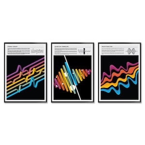 May include: Three framed art prints with black frames. Each print features a black background with colourful abstract designs and text. The prints are labelled "String Theory", "Quantum Tunneling", and "Wave Function". The designs include colourful lines and shapes.