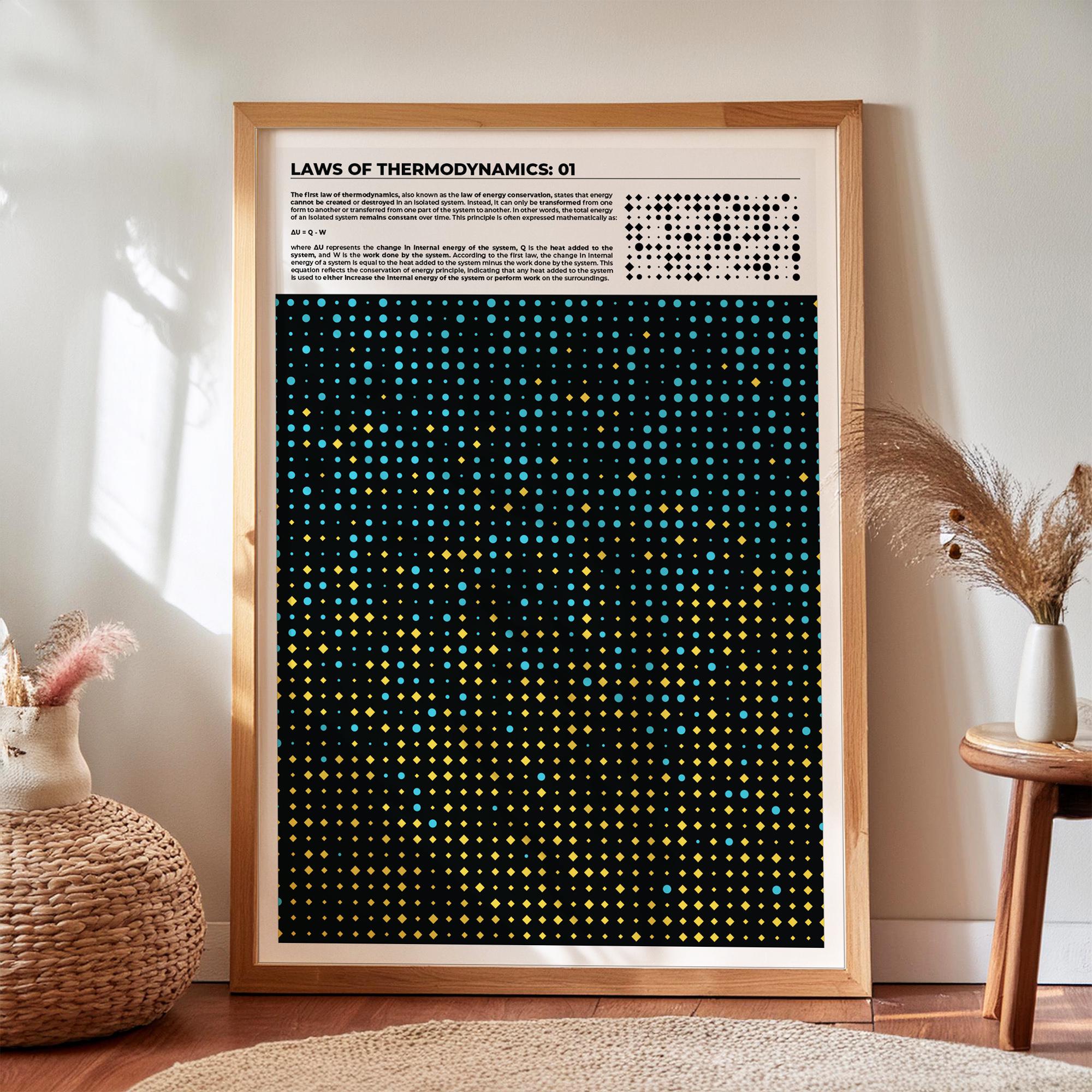 First Law of Thermodynamics Print – Minimalist Physics Poster in Conceptual Scientific Illustration Style