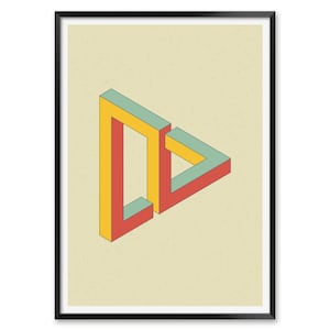 May include: Abstract geometric art print featuring a yellow, red, and green triangle shape with a textured background.