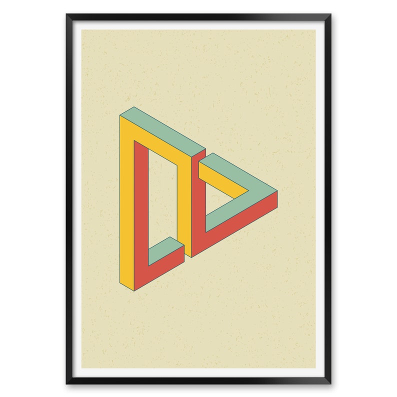May include: Abstract geometric art print featuring a yellow, red, and green triangle shape with a textured background.