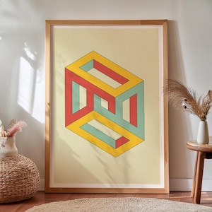 Impossible Cube Print, Optical Illusion Wall Art for STEM Decor, Retro Geometric Poster for Gamers and Designers