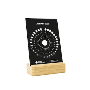 2026 Desk Calendar with Moon Phases, Iroko Wood Stand