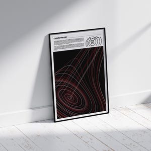 Puede incluir: Un p&oacute;ster en blanco y negro con el t&iacute;tulo "Chaos Theory" y un dise&ntilde;o abstracto rojo y blanco de l&iacute;neas y c&iacute;rculos que giran.