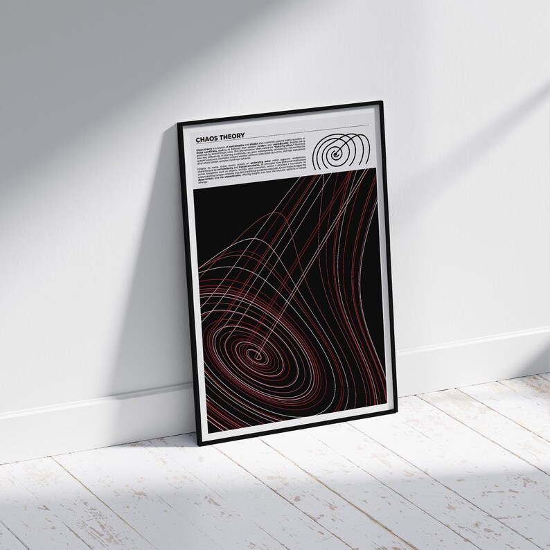 Puede incluir: Un p&oacute;ster en blanco y negro con el t&iacute;tulo "Chaos Theory" y un dise&ntilde;o abstracto rojo y blanco de l&iacute;neas y c&iacute;rculos que giran.