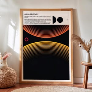 Puede incluir: Una impresión artística enmarcada con el texto "ALPHA CENTAURI" y un diseño gráfico de líneas curvas naranjas y amarillas sobre un fondo negro. La impresión incluye un pequeño círculo rosa y dos círculos negros. El marco es de madera clara.