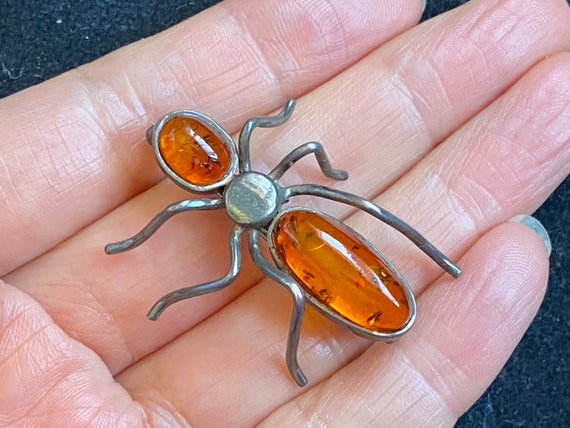 Unique Vintage Sterling Silver Amber Bug Insect B… - image 3