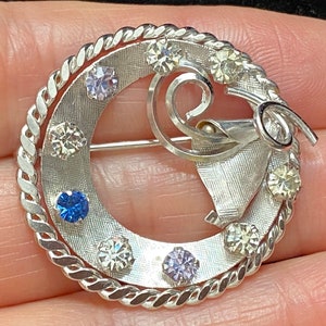 Vintage Sterling Silver With Rhinestone Floral Brooch Pin Signed RAINBOW