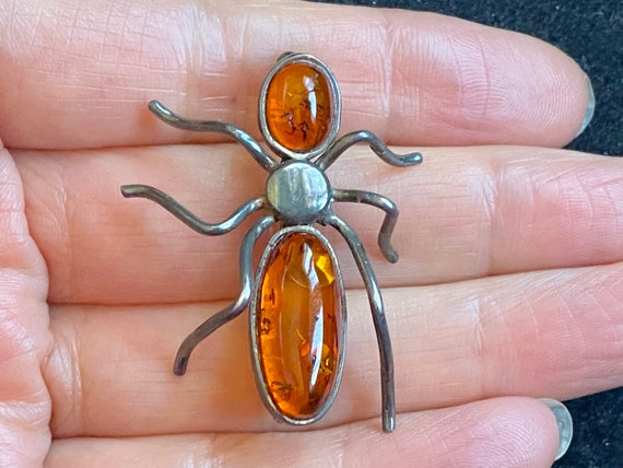 Unique Vintage Sterling Silver Amber Bug Insect B… - image 1
