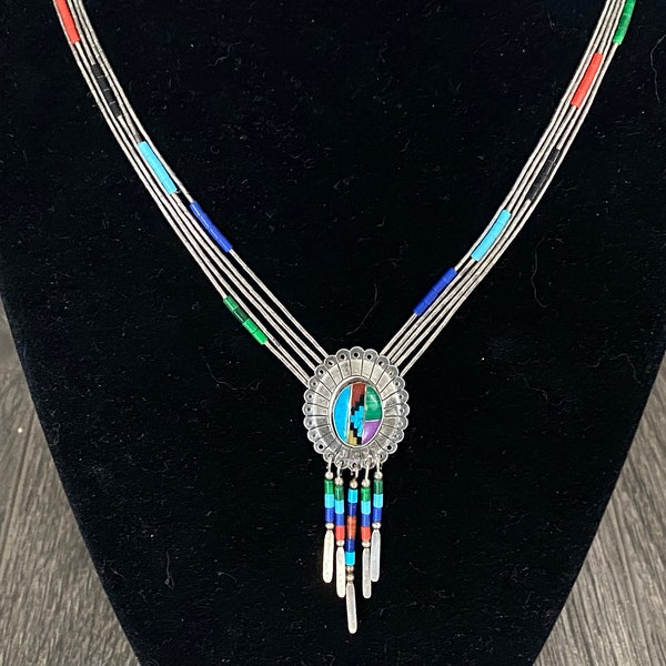 Vintage Native American Multicolour Gemstone 5 Strands Liquid Silver Concho Necklace