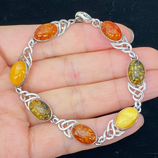 Vintage Sterling Silver Butterscotch Amber Multicolour Amber Bracelet Amber Link Bracelet Baltic Amber Bracelet