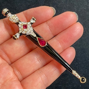 Gorgeous Vintage Ciro Black Enamel Rhinestone Sword Brooch Pendant