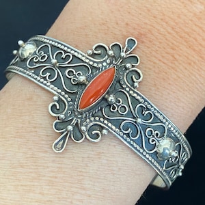 Large Vintage Sterling Silver Coral Cuff Bracelet