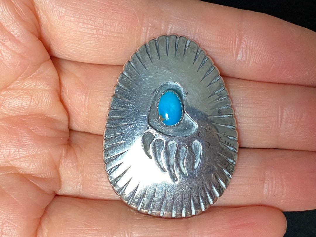 Vintage Navajo Sterling Silver Turquoise Bear Paw Necklace Pendant - Etsy