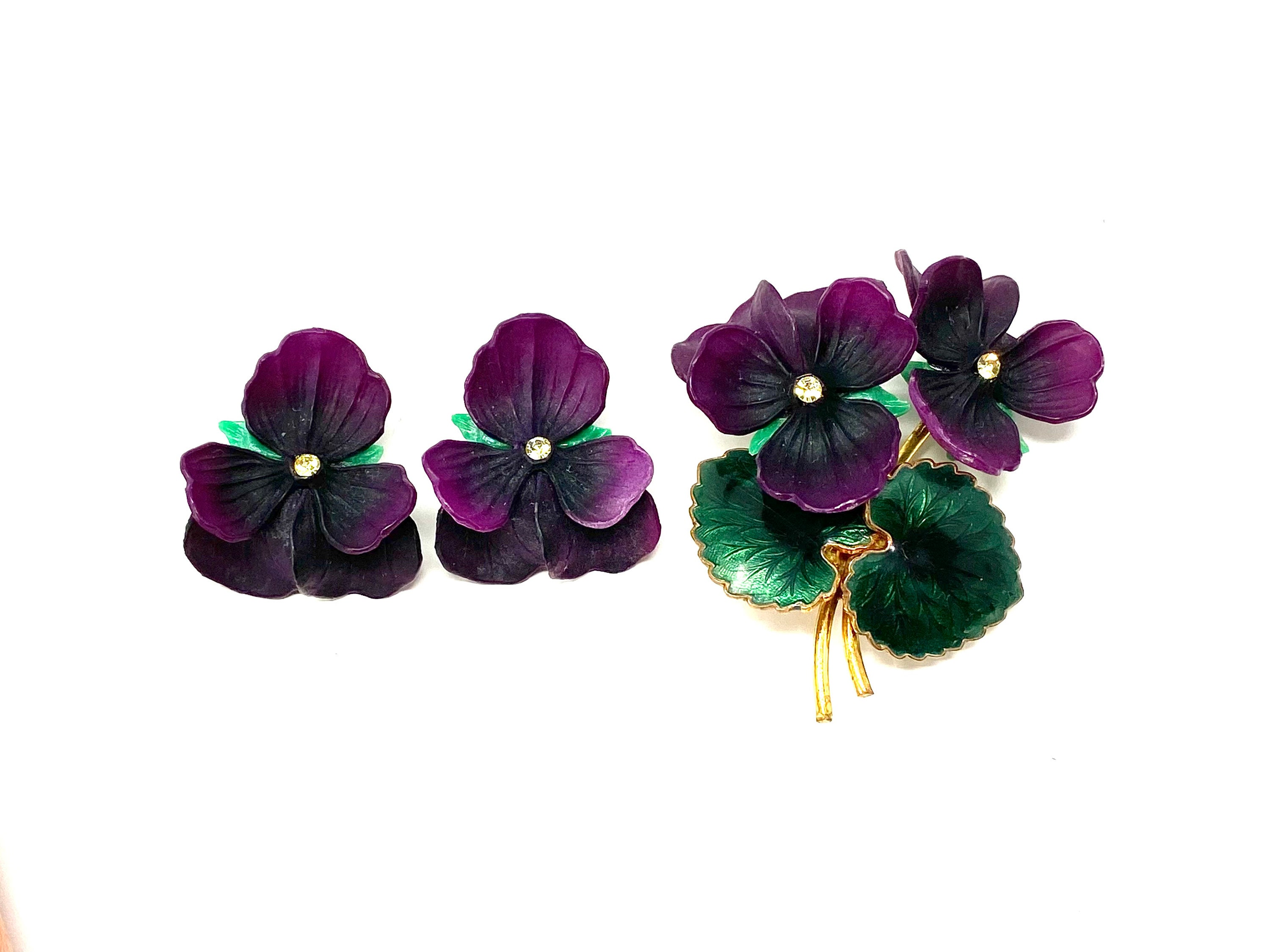 Vintage Floral Brooch Set Purple Violet Bouquets Mid Century Retro