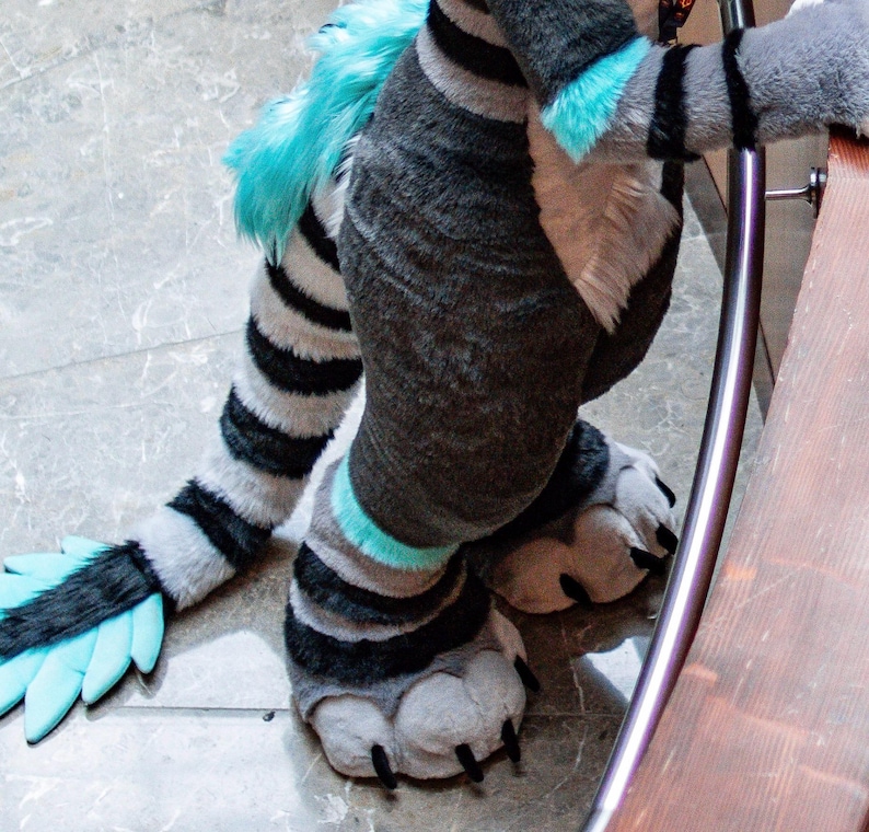 May include: A full-body plush animal costume featuring dark grey fur with white and bright turquoise accents. The costume includes a long, striped tail with a turquoise tuft at the end, large padded paws with black claws, and striped leg sections.