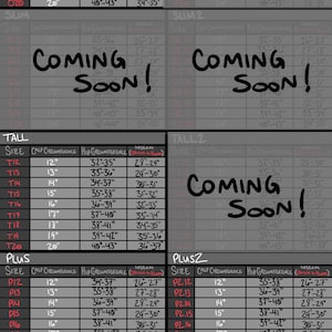May include: A grey sizing chart titled Cavitymutt's Fitted Legs (Full Leg) Sizing Chart. It features tables for Original, Short, Slim, Slim2, Tall, Tall2, Plus, Plus2, Plus3, and Plus4 sizes, listing calf, hip, and inseam measurements in inches.