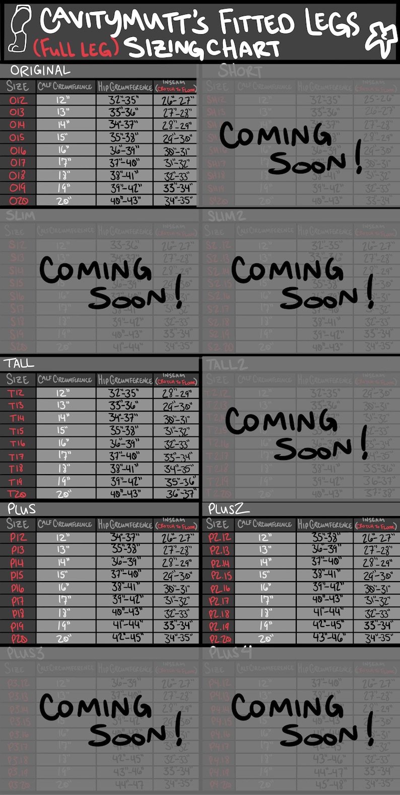 May include: A grey sizing chart titled Cavitymutt's Fitted Legs (Full Leg) Sizing Chart. It features tables for Original, Short, Slim, Slim2, Tall, Tall2, Plus, Plus2, Plus3, and Plus4 sizes, listing calf, hip, and inseam measurements in inches.