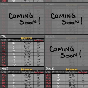 May include: A black and white sizing chart titled Cavitymutt's Fitted Legs (Foot Only) Sizing Chart. The chart displays columns for size, calf circumference, estimated hip circumference, and inseam in inches for various fit categories.
