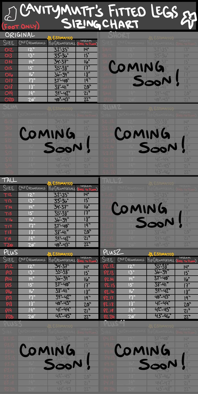 May include: A black and white sizing chart titled Cavitymutt's Fitted Legs (Foot Only) Sizing Chart. The chart displays columns for size, calf circumference, estimated hip circumference, and inseam in inches for various fit categories.