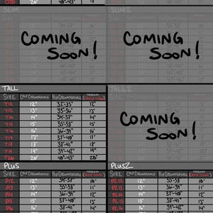 May include: A grey sizing chart titled Cavitymutt's Fitted Legs (Thigh Only) featuring tables for Original, Short, Slim, Slim2, Tall, Tall2, Plus, Plus2, Plus3, and Plus4 categories with columns for calf circumference, hip circumference, and inseam in inches.