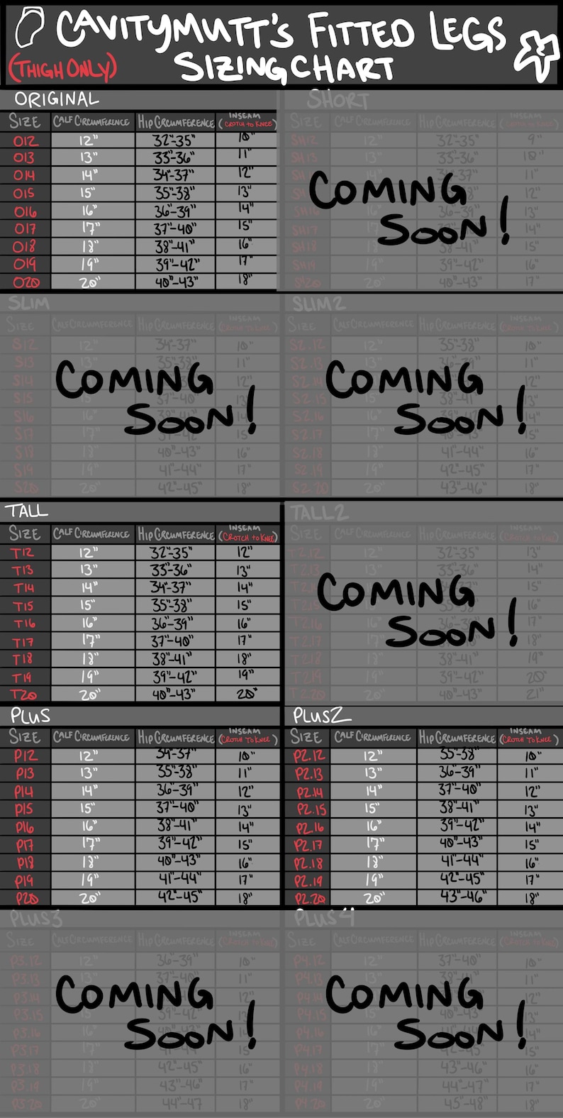 May include: A grey sizing chart titled Cavitymutt's Fitted Legs (Thigh Only) featuring tables for Original, Short, Slim, Slim2, Tall, Tall2, Plus, Plus2, Plus3, and Plus4 categories with columns for calf circumference, hip circumference, and inseam in inches.