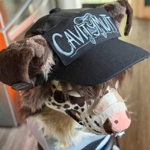 May include: A black baseball cap featuring a rectangular patch with the white text CAVITYMUTT in a stylized font. The cap is adorned with brown and white faux fur ears on the sides and a small circular metal pin on the left side of the brim.