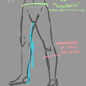May include: A grey line drawing of a lower body showing measurement guides. Text includes Hip Circumference or Low Waist, Widest part of lower torso, Inseam Length, and Circumference of widest part of calf in green, blue, and pink ink.