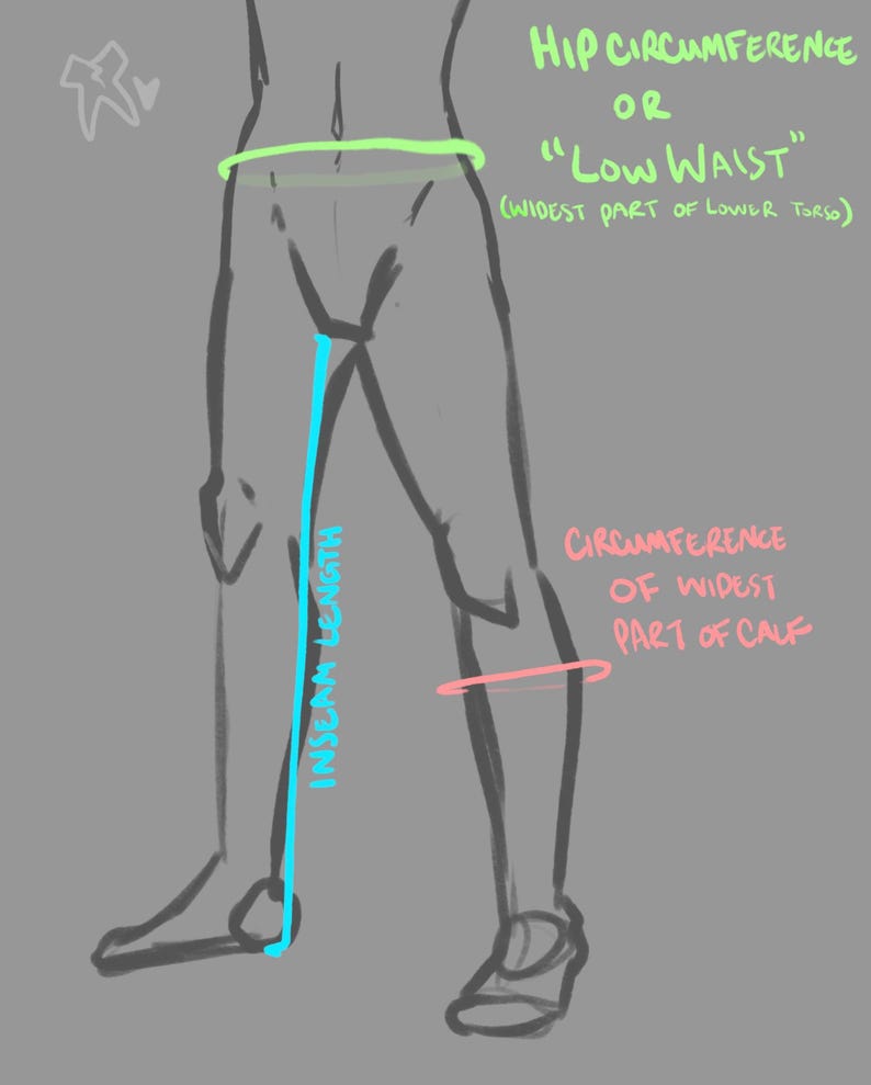 May include: A grey line drawing of a lower body showing measurement guides. Text includes Hip Circumference or Low Waist, Widest part of lower torso, Inseam Length, and Circumference of widest part of calf in green, blue, and pink ink.