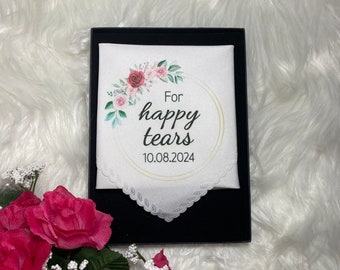 For Happy Tears printed wedding gift personalised handkerchief personalised with wedding date