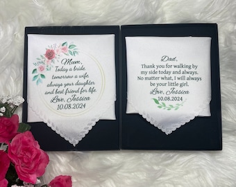 Mother and Father of the bride gift bundle printed wedding handkerchief and gift box