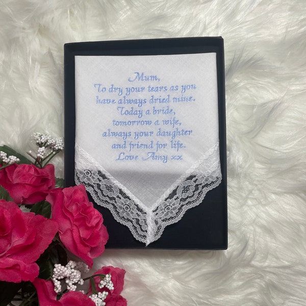 Mother of the bride embroidered personalised wedding handkerchief gift