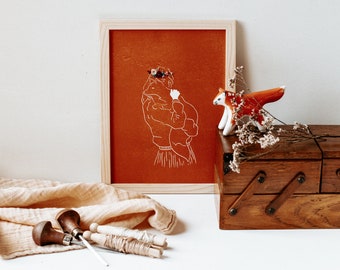 Embroidered linocut - Archie, autumnal portrait